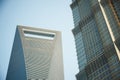 Blue business glass skyscraper closeup, office center. Shanghai, China.