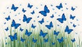 Blue butterflies flutter against a serene white background