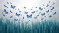 Blue butterflies flutter against a serene white background