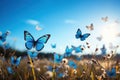 Blue butterflies flutter over the field. Generated by artificial intelligence