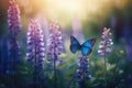 Blue butterflies flutter among purple lupine flowers, AI generated