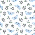 Blue butterflies, green leaves seamless pattern in diagonal order, watercolor illustration simple hand drawn illustration for Royalty Free Stock Photo