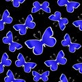 Blue butterflies over black background. Seamles vector pattern. Royalty Free Stock Photo