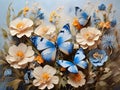 Blue butterflies painted with oil paints and delicate wildflowers Colorful oil paint art