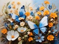 Blue butterflies painted with oil paints and delicate wildflowers Colorful oil paint art