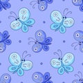 Blue butterflies on a purple background. Vector seamless pattern. Summer illustration Royalty Free Stock Photo