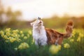 Blue butterfly came and sat on the nose a cute furry cat on a summer Sunny blooming meadow Royalty Free Stock Photo