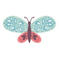 blue butterfly with colorful wings isolated on white background. hand drawing. Pretty flying moth top view. Gorgeous Royalty Free Stock Photo