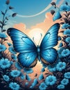 Blue butterfly flutters under a bright sky. Tshirt design. Ready to print