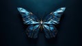 Blue butterfly with gold and blue geometric pattern on dark background, AI Royalty Free Stock Photo