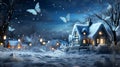 Blue butterfly and house in the snow christmas background