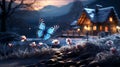 Blue butterfly and house in the snow christmas background