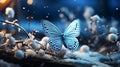 Blue butterfly and house in the snow christmas background