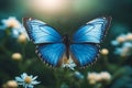 Blue butterfly. A butterfly sits on flowers. Selective focus. AI generated Royalty Free Stock Photo