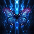 Blue butterfly is sitting on black background, with its wings glowing in dark. The light from butterfly\'s wings Royalty Free Stock Photo