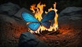 a blue butterfly sitting on top of a pile of rocks next to a fire filled with rocks and flames in the dark night sky with a black