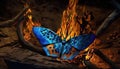 a blue butterfly sitting on top of a tree branch in front of a fire filled forest with lots of branches and a fire burning behind