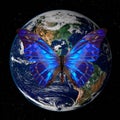 Blue butterfly in space against the earth`s planet. Elements of this image furnished by NASA