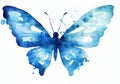 Watercolor illustration of a blue butterfly with splashed paint on a white background. Royalty Free Stock Photo