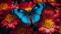 Blue butterfly in surrounded by colorful flowers. Al generated