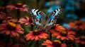 Blue butterfly in surrounded by colorful flowers. Al generated