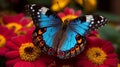 Blue butterfly in surrounded by colorful flowers. Al generated