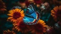 Blue butterfly in surrounded by colorful flowers. Al generated