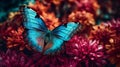 Blue butterfly in surrounded by colorful flowers. Al generated