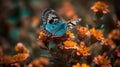 Blue butterfly in surrounded by colorful flowers. Al generated