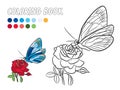 Blue butterfly with yellow dot wings, red rose coloring book page Royalty Free Stock Photo