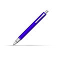 Blue button ballpoint vector pen writes at an angle of 45 degrees