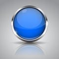 Blue button with chrome frame on gray background. Round glass shiny 3d icon Royalty Free Stock Photo