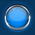 Blue button with chrome frame. Round glass shiny 3d icon on blue perforated background Royalty Free Stock Photo