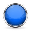 Blue button with chrome frame. Round glass shiny 3d icon Royalty Free Stock Photo