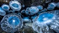 Blue Button Jellyfish Congregation in Underwater Cave Glowing with other worldly Elegance Royalty Free Stock Photo