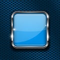 Blue button on perforated background. Square glass 3d icon with metal frame