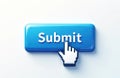 Blue button with text submit and cursor hand pointer clicking it. Web interface element for online form submission or action. Royalty Free Stock Photo