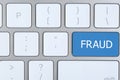 Blue button with word FRAUD on keyboard, top view