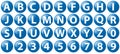 Blue buttons, alphabet letters and numbers, vector illustration Royalty Free Stock Photo