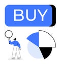 Blue Buy button with pie chart and individual analyzing data using a magnifying glass Royalty Free Stock Photo