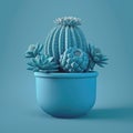 Blue cactus with a blue flower pot on a plain blue background. Monochrome illustration. AI generated