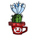 Blue cactus flower in a coffee cup. doodle picture