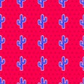 Blue Cactus icon isolated seamless pattern on red background. Vector