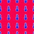 Blue Cactus peyote in pot icon isolated seamless pattern on red background. Plant growing in a pot. Potted plant sign Royalty Free Stock Photo