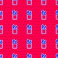 Blue Cactus peyote in pot icon isolated seamless pattern on red background. Plant growing in a pot. Potted plant sign Royalty Free Stock Photo