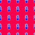Blue Cactus and succulent in pot icon isolated seamless pattern on red background. Plant growing in a pot. Potted plant Royalty Free Stock Photo