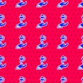 Blue Caduceus snake medical symbol icon isolated seamless pattern on red background. Medicine and health care. Emblem