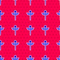 Blue Caduceus snake medical symbol icon isolated seamless pattern on red background. Medicine and health care. Emblem