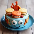 Macarons Face Cake: A Kidcore Delight With Blue Cookies And Insect-inspired Design