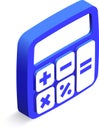 Blue calculator with white buttons for mathematical operations, including addition, subtraction, multiplication